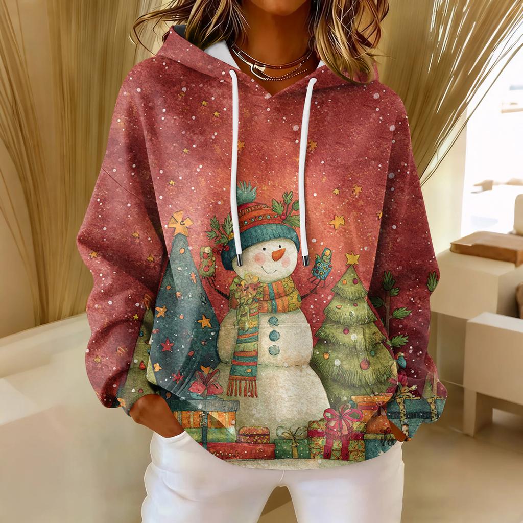 Dámská volná pohodlná ležérní módní mikina s dlouhým rukávem a vánočním potiskem ve výstřihu do V