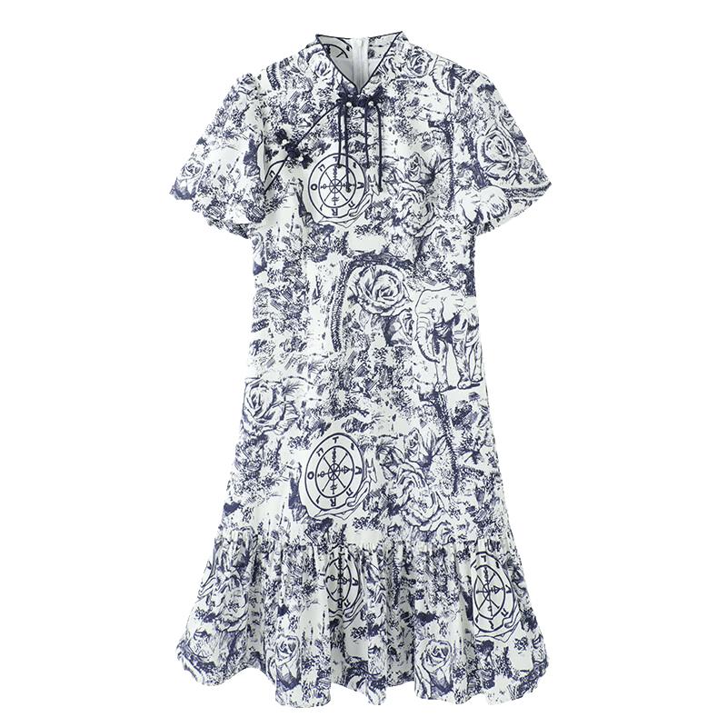 Elegant New Chinese Style Ink Print Puff Sleeve Cheongsam Dress