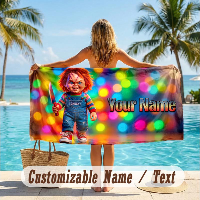 Custom Text Beach Towel, Soft Absorbent Swimming Multi-use TowelChild's Play Chucky Tiffany