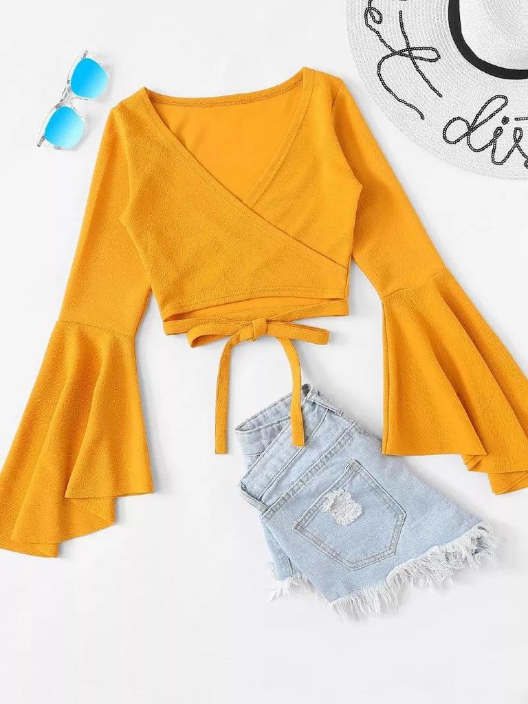 European/American Style Lace-Up Bell Sleeve V-Neck Crop Top: Slim, Retro, Solid Color