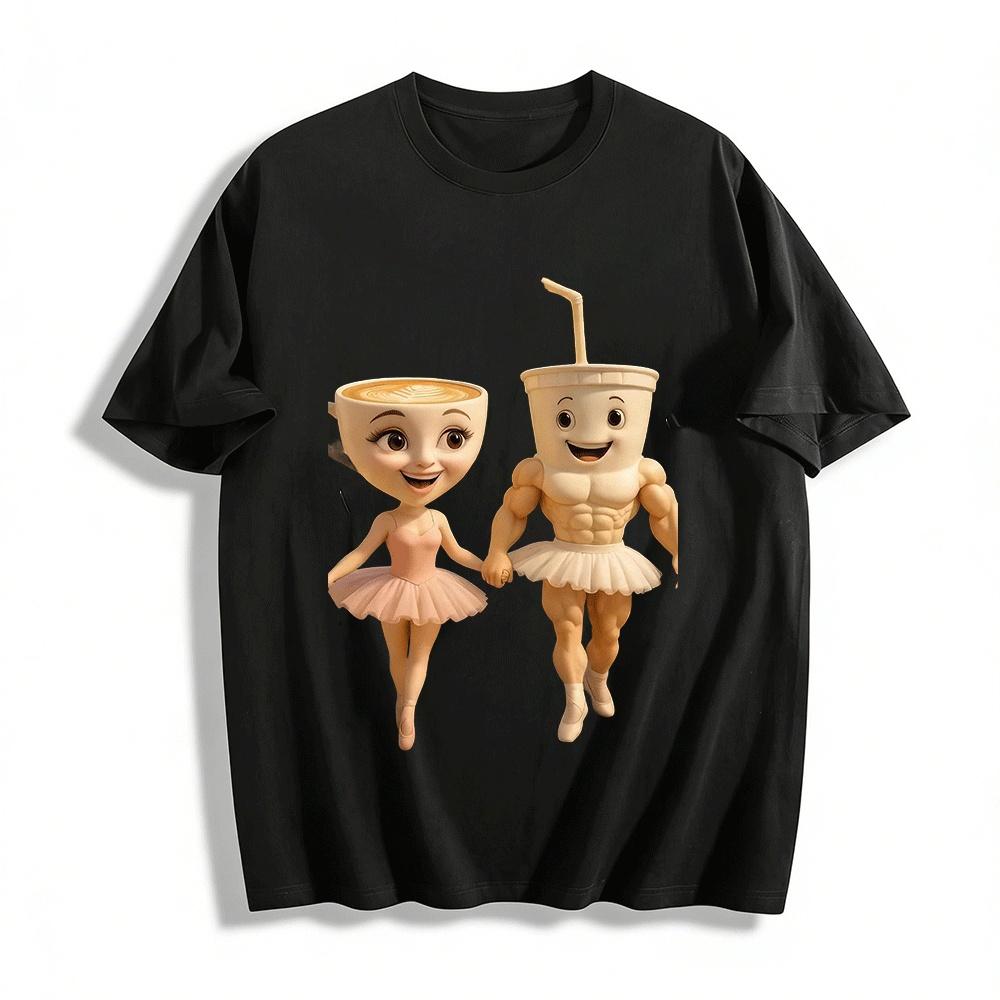 Funny Coffee Cup Ballet Couple Print Casual T-Shirt Pure cotton T-shirt XXS