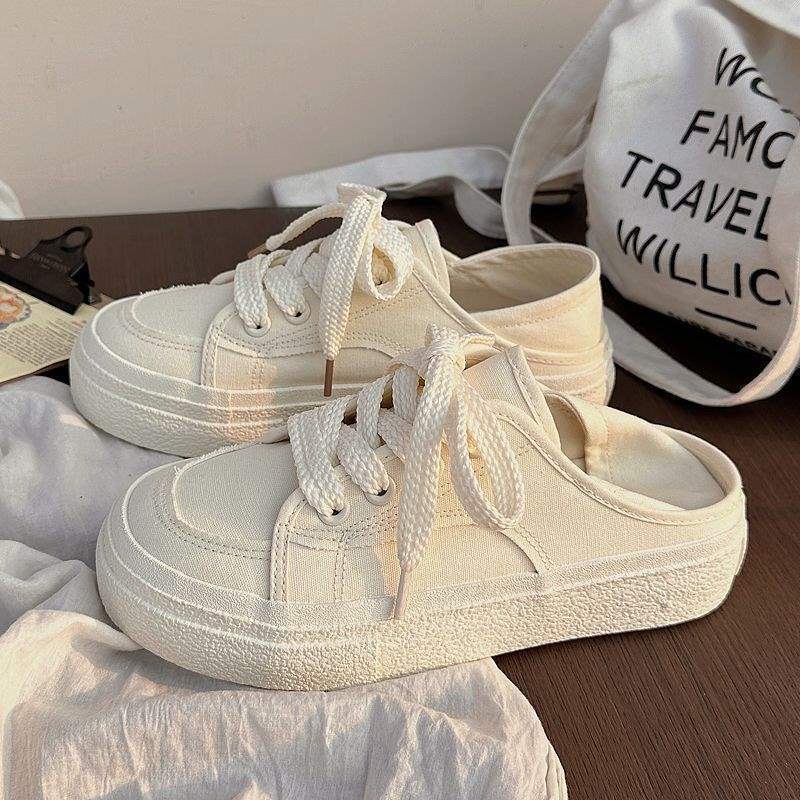 Canvas Shoes for Women 2025 Autumn and Winter Thick-soled Breathable Ins Half-drag Versatile Little White Shoes, Autumn Two Wear Casual Board Shoes Fo