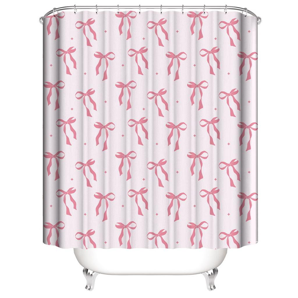 Pink Bow Shower Curtain Polyester Waterproof Fashion 1pc/3pcs/4pcs Bathroom Floor Mat Toilet Set Bath Accessories Mildew Proof