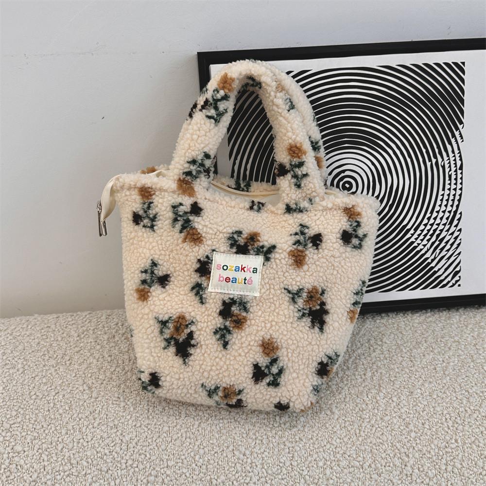 Stylish Plush Bucket Bag With Floral Design Soft And Cozy Handheld Tote Perfect For Everyday Use