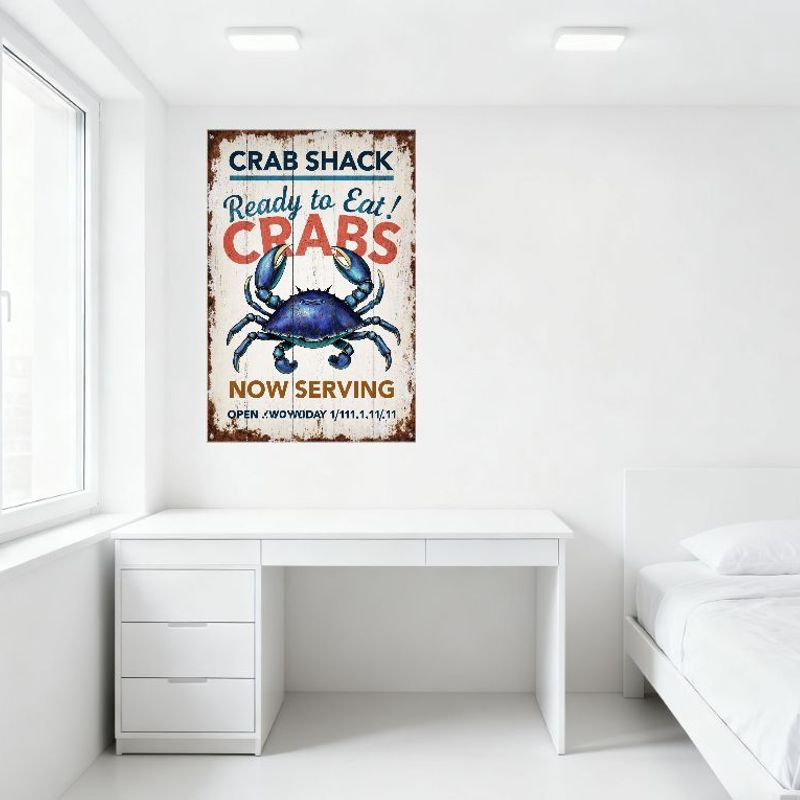 Metalowy Znak Blaszany Vintage Crab Shack, Ilustracja Niebieskiego Kraba, 'CRAB SHACK' 'CRABS' 'TERAZ SERWUJEMY' Morska Dekoracja Owoców Morza do Domu Ba