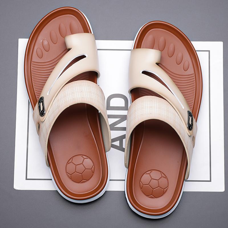 Men Flats Slippers Summer Brown Wide Head Roman Sandals Retro Flip Flops Black Leather Beach Shoes Plus Size