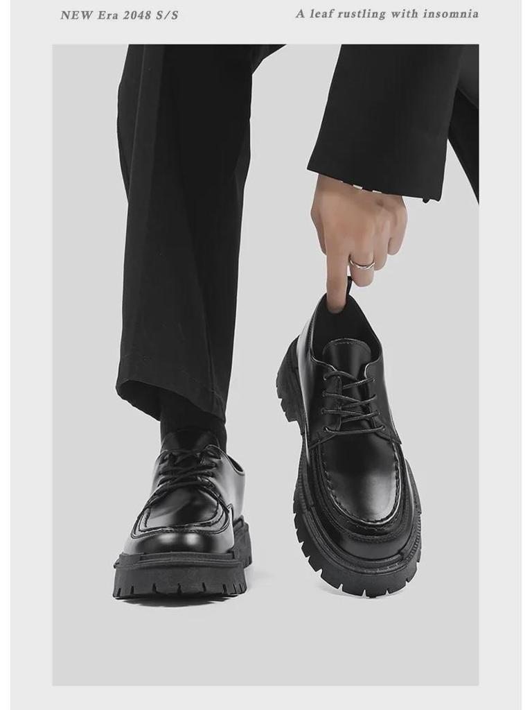 Men's Casual Black Leather Shoes - Autumn British Style, Thick Sole, Heightening Design, Fashionable College Footwear