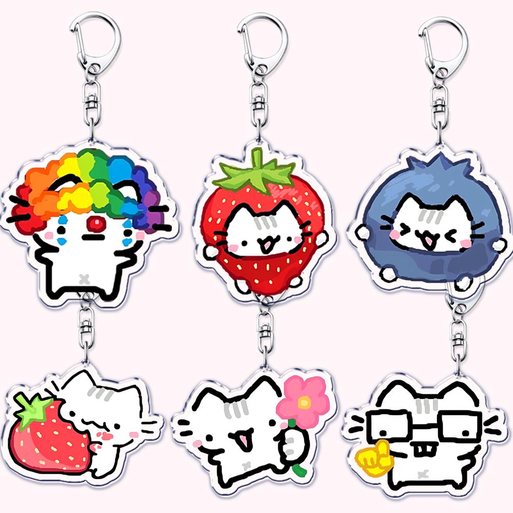Kawaii Little Cat with Flower Keychains Strawberry Kitten Keyring for Accessories Bag Key Chain Ring Jewelry Fans Friends Gifts
