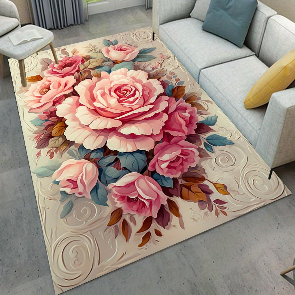 3D Floral Cross-Style Print Area Rug - Anti-Slip Floor Mat Heavyweight Polyester Carpet for Bedroom, Bathroom, Living Room,