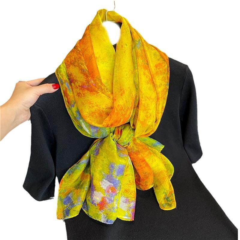 Yellow imitation silk temperament large shawl soft yarn scarf women's large size pattern scarf silk scarf commuter sun protection light luxury