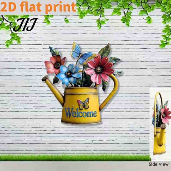 Patio Yard Wall Accents Rustic Metal Watering Can Art, Flower Butterfly Welcome Sign, Farmhouse Sign for Front Door Iron Hanging Decor Porch