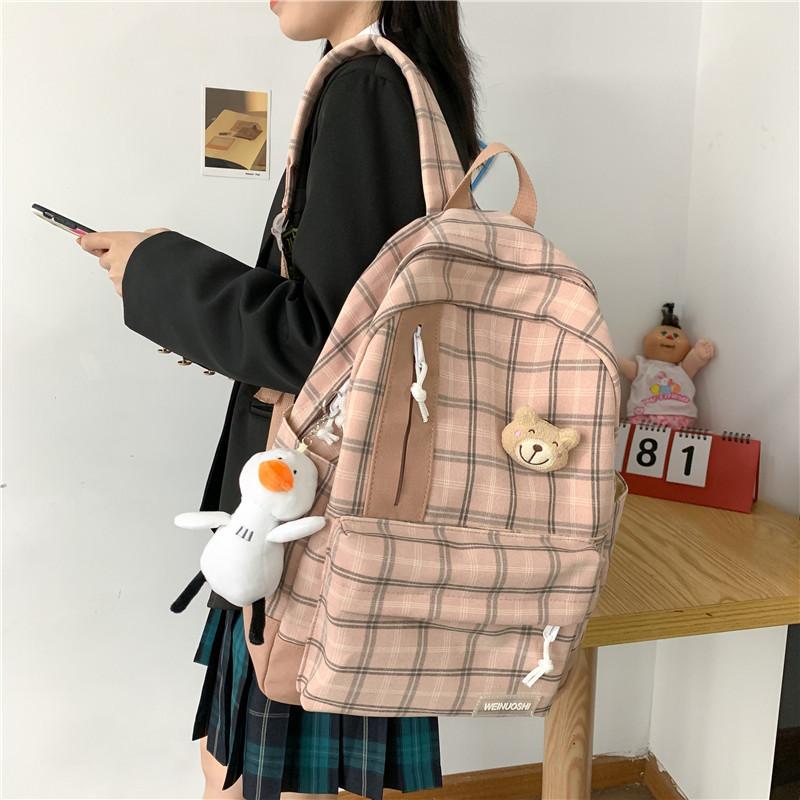 Japanese college style girl backpack Korean version Mori bear Harajuku student backpack small fresh plaid schoolbag female