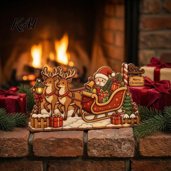 Rustic Winter Home Accents Christmas Wooden House Ornament, Santa Claus/Snowman/Elk Sleds/Winter Cabins Elk Sleigh Tabletop Decor Scene Figurines,