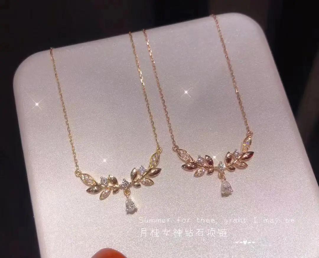 

New Exquisite Shiny Water Drop Zircon Pendant Necklace Simple Jewelry Leaf Shape Wild Temperament Birthday Gift