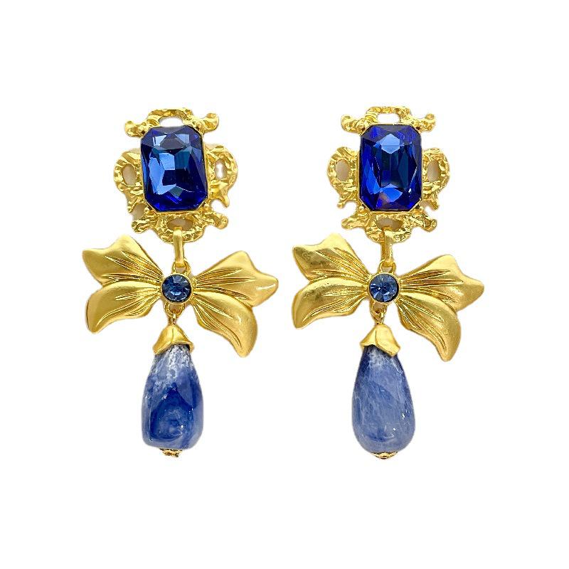 Vintage Blue Glass Bow Earrings - Retro Design Ornament