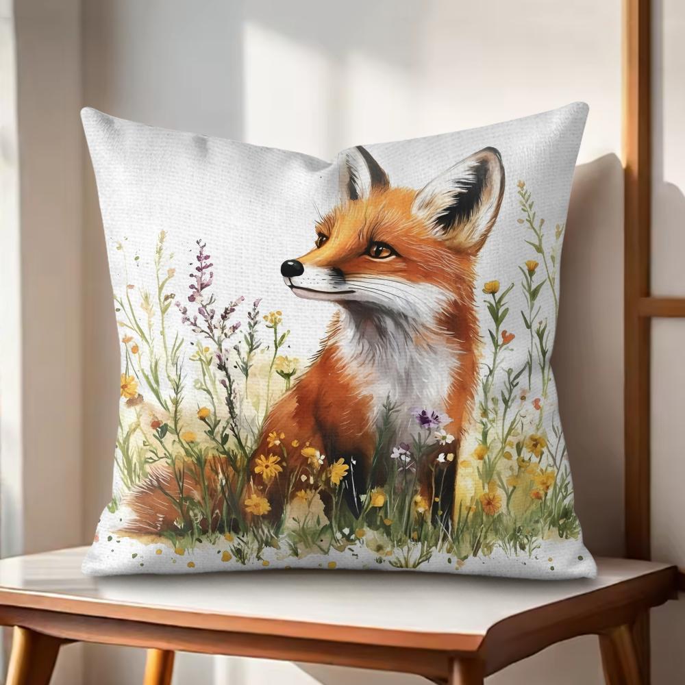 Fox printed Cushion Cover Natural Linen Organic Fabric DoubleSided Printing Couch Pillow Covers Home Decor Gift