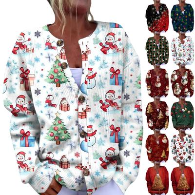 Women's Fashion Christmas Printed Long Sleeve Knitted Cardigan Button Down Jacket