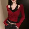 Women's V Neck Long Sleeve Crop Top Faux Two Piece Halter Lace Splice Slim Fitted Y2K Spring Layering Blouse