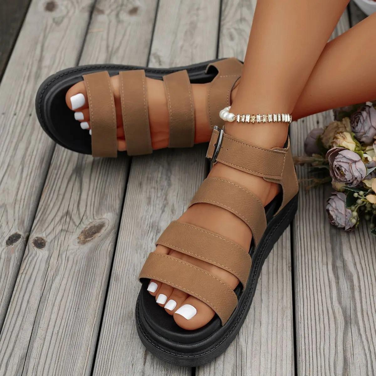 

Мода Летние Женские Модные Сандалии на Толстой Платформе, Износостойкие, Противоскользящие, для Улицы, Уникальный Стиль, Плоский Каблук, Римский Стиль, Сан 35 коричневый