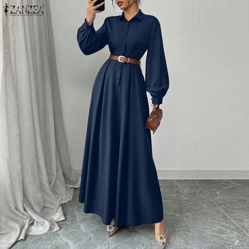 ZANZEA Rochie Lungă Elegantă Casual pentru Femei cu Guler Revers și Mâneci Lungi