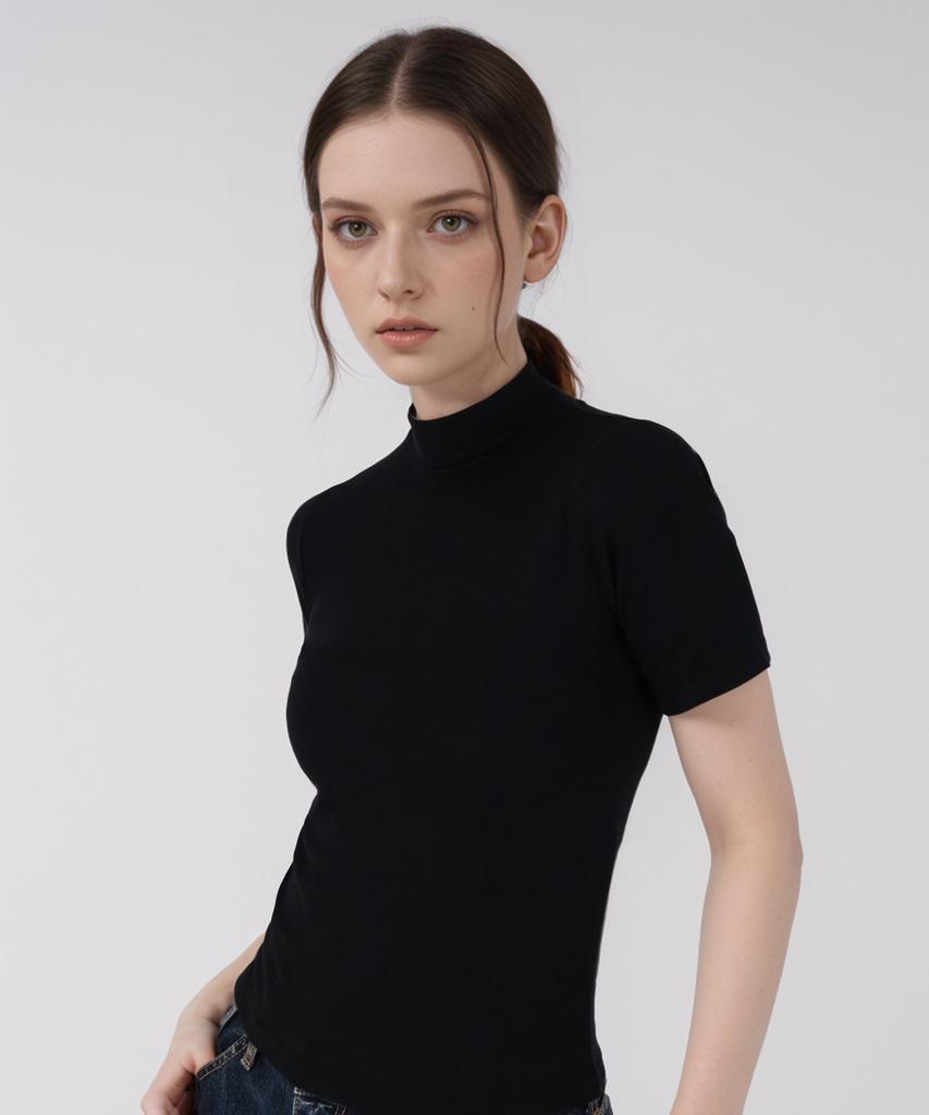 JUSTHANG Tencel Basic Ribbed Mock Neck Short Sleeve T-Shirt [Black]