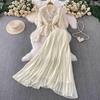 Women's Elegant Embroidered Beaded Lace V-Neck Shirt & Pleated Long Skirt Set