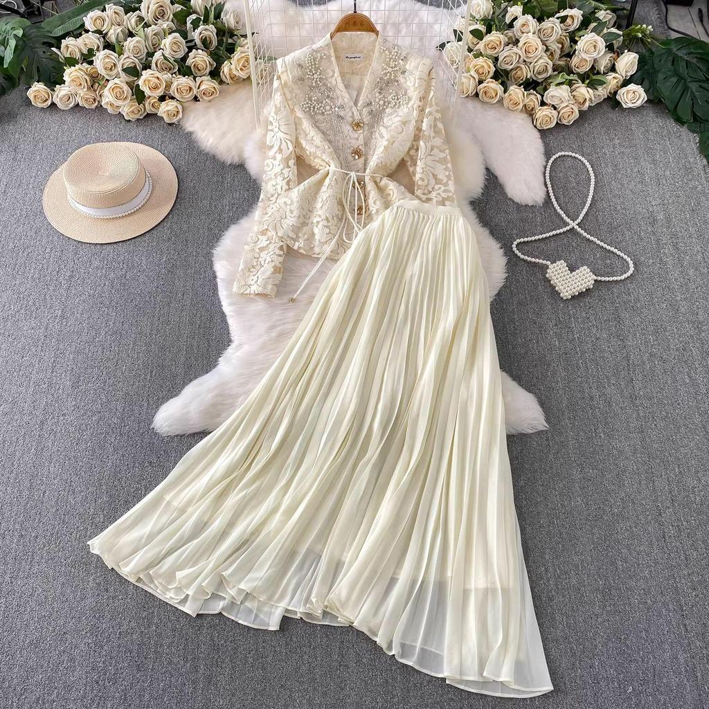 Women's Elegant Embroidered Beaded Lace V-Neck Shirt & Pleated Long Skirt Set