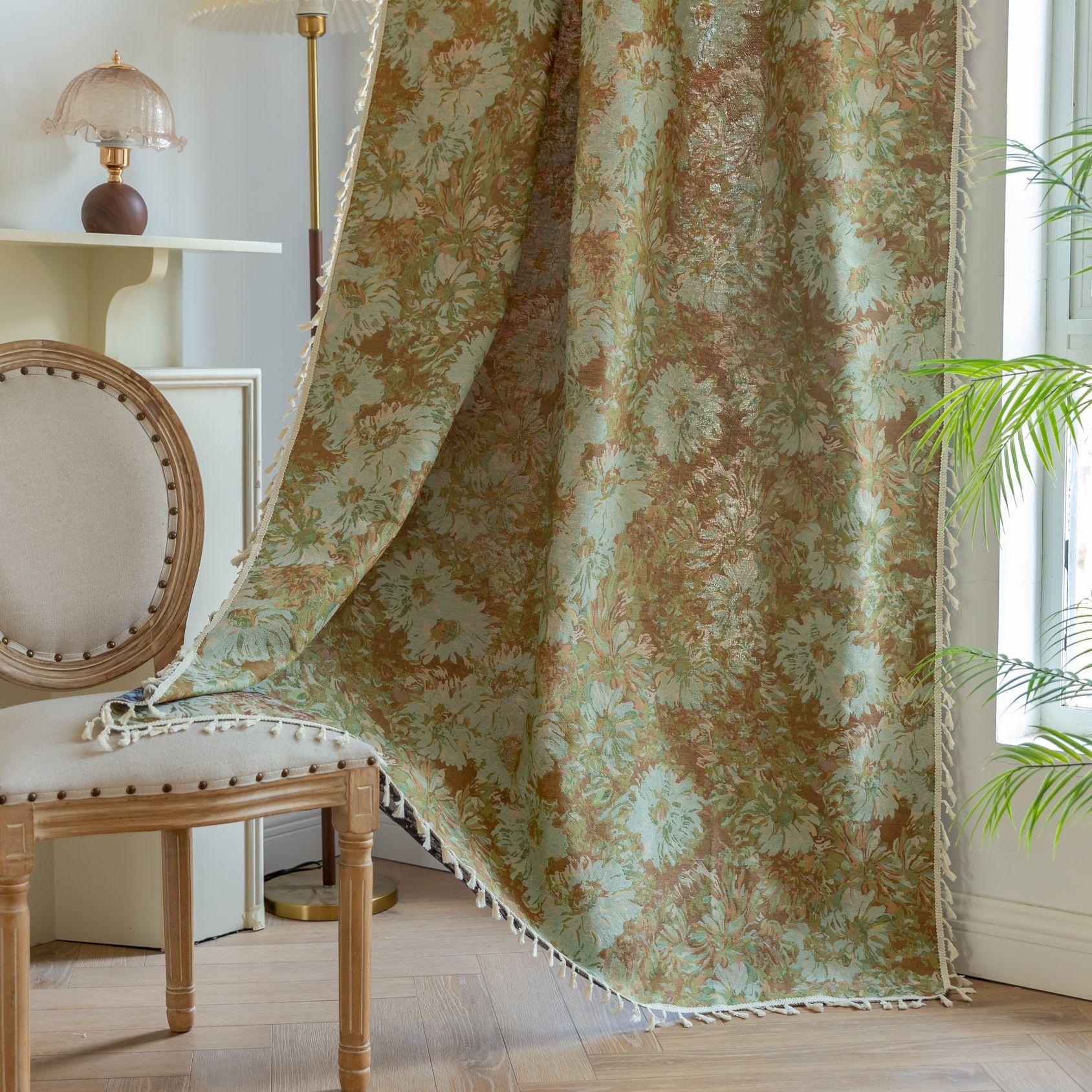 

Floral Curtains for Bedroom, Semi Sheer Boho Living Room Window Curtains, Farmhouse Jacquard Drapes Decorative Window, 1 Panel W150xH100cm&Rod Pocket