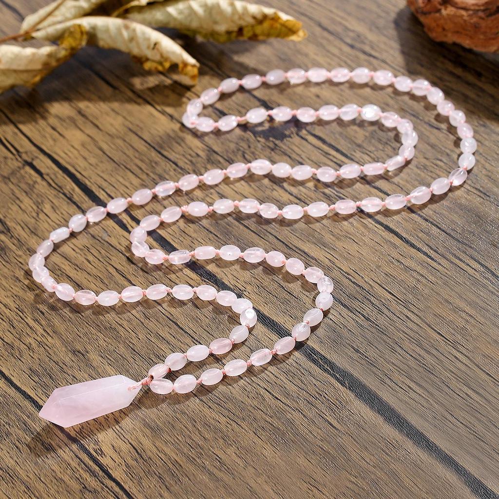 Boheemse Rozenkwarts Kralen Ketting met Natuurlijke Kristal Hanger