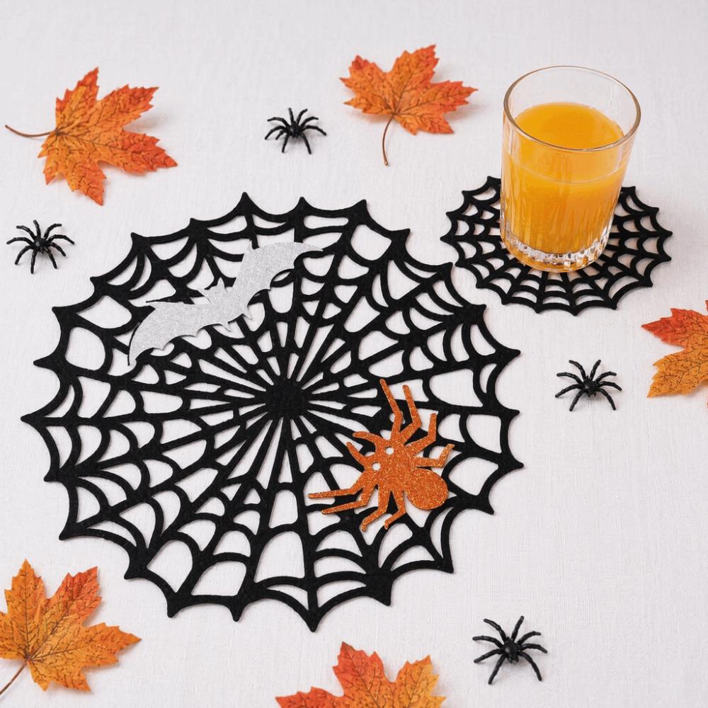 Non-slip Spider Web Coaster Hollow Out Felt Cup Mat Bat Halloween Spider Web Placemat  Party