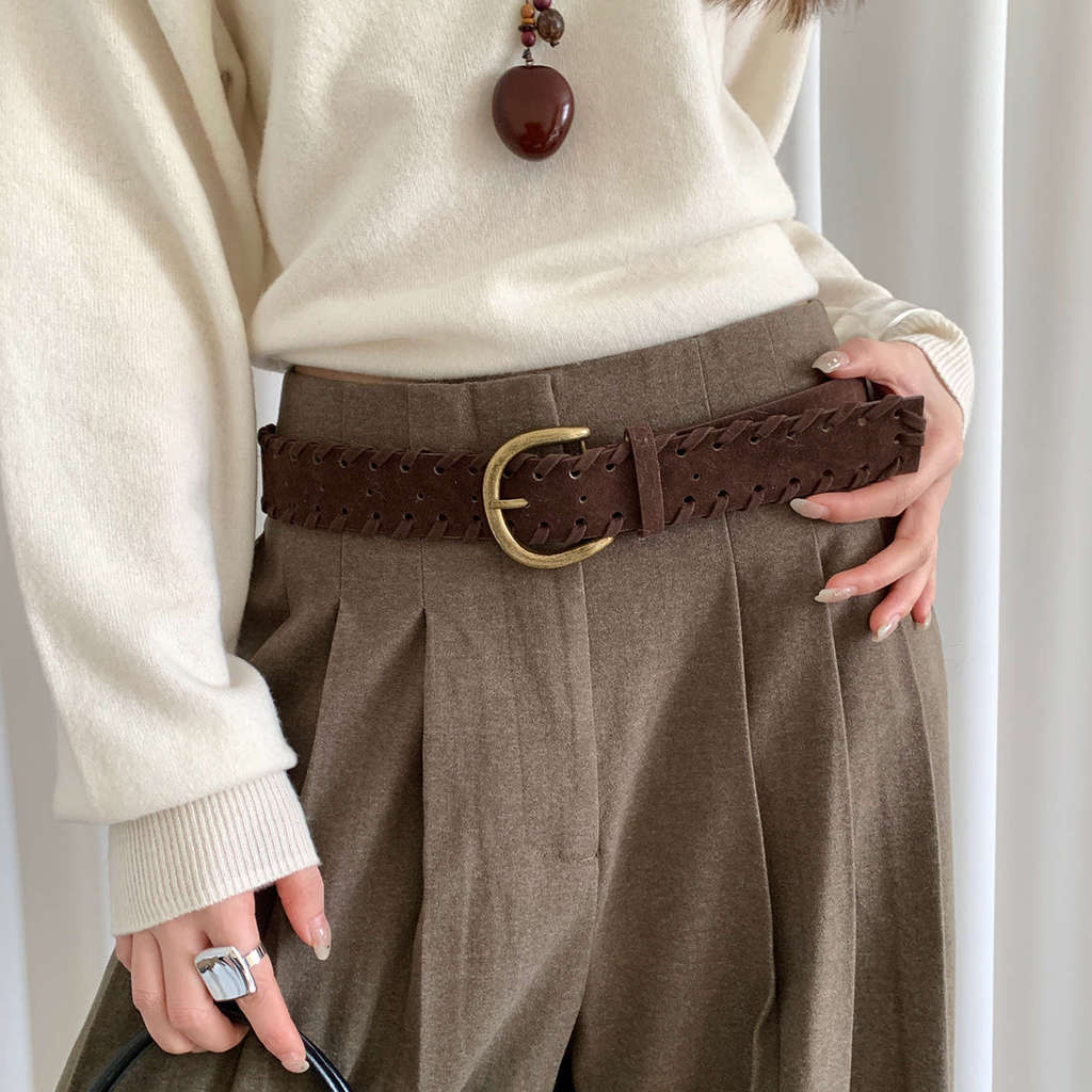 Retro Mellard Edge Suede Leather Belt For Women With Alloy Buckle Casual Style