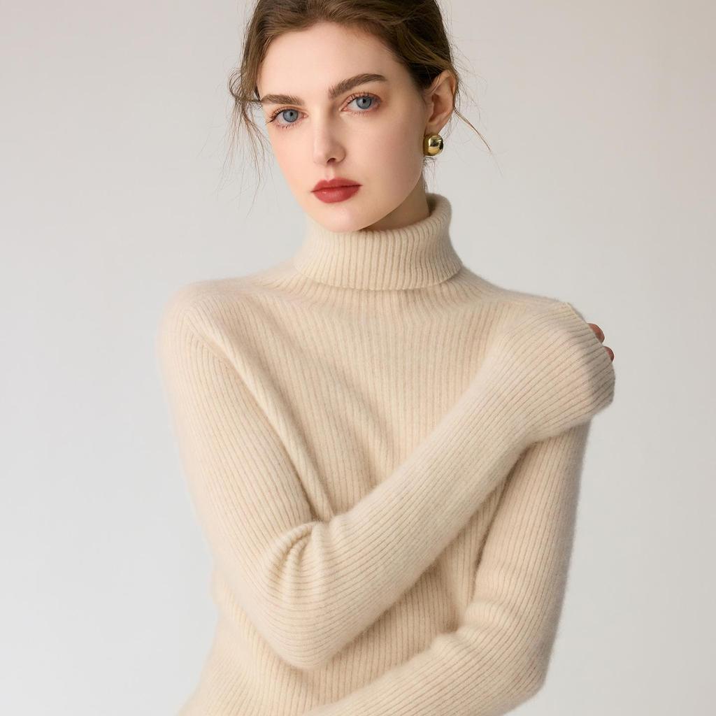 Women's High Neck Slim Fit Pure Cashmere Sweater - Warm Ribbed Knitwear for Autumn/Winter 2026 in Solid Colors