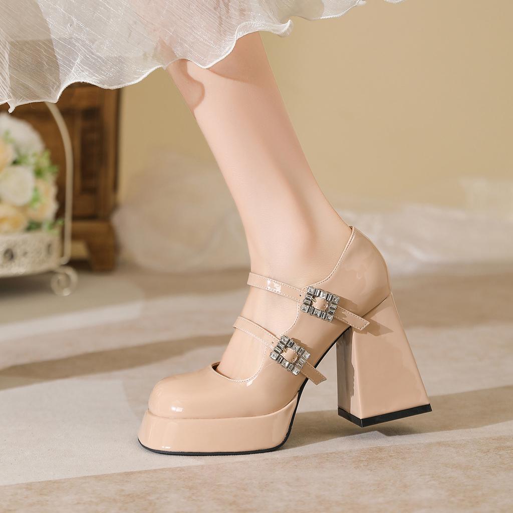 New Rhinestone Buckle Square Head Patent Leather Thick Heel High Heel Women's Shoes Platform Waterproof Table Mary Jane Versatile Height Increase