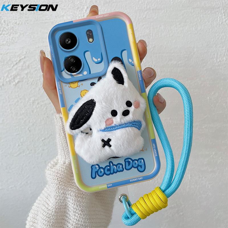 KEYSION Roztomilé 3D kreslené plyšové pouzdro pro Xiaomi POCO C65 s lanyard měkkým silikonovým nárazuvzdorným krytem na telefon pro Redmi 13C 4G 5G