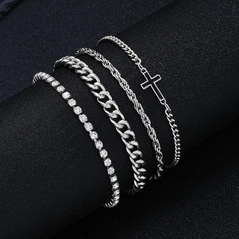 4PCS Men's Double Layer coppery Adjustable Cross Charm Zircon Bracelet Classic and Fashionable Punk Style