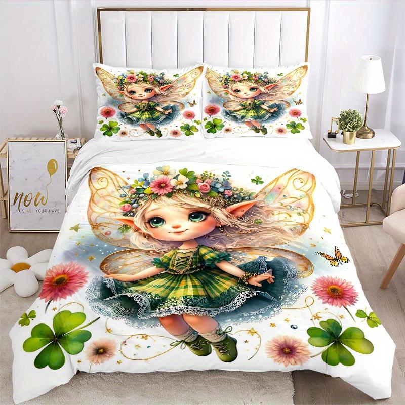 3pcs Lovely Tinker Bell Printed Quilt Set Soft and Comfortable Quilt Cover for Bedroom, Guest Room Bedding Set B058