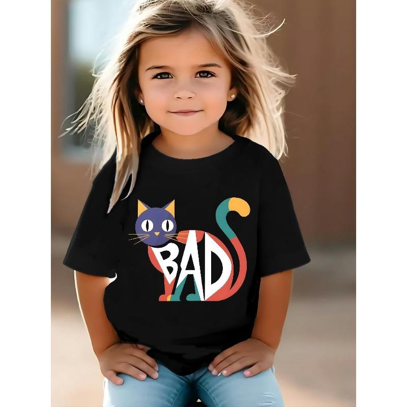 European Sizes Casual and Stylish for Girls, This Cute and Fun Cartoon ABC Kitten Print T-shirt Is a Comfortable and Basic Round Neck Style