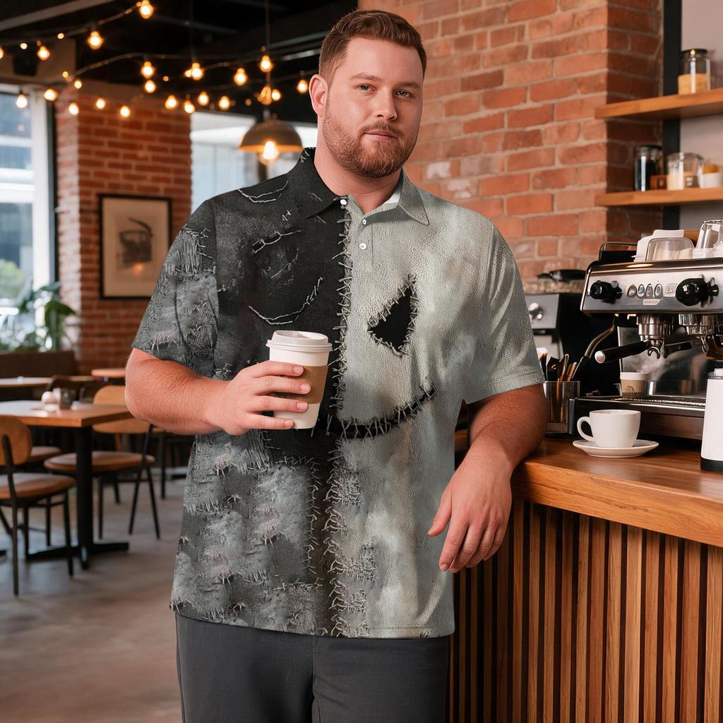 Men's Plus Size Halloween Print Golf Polo Shirt Breathable Short Sleeve Casual Workwear Top with Button Collar