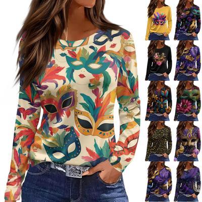 Damen Modisch Lässig Hals Langarm Saum Schlitz Karneval Print T-Shirt Top