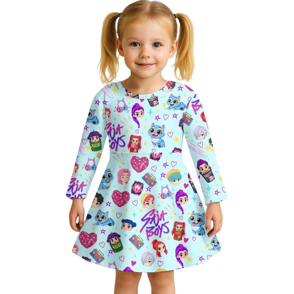 Kids Girls Casual Daily Dress Cute Cartoon Print Long Sleeves Dance Wear Princess Dress  2-12 Years