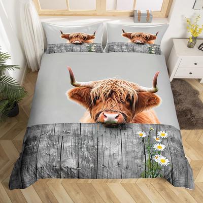 Poszewka na kołdrę Highland Cattle Geometryczna drewniana deska Rustykalny zestaw pościeli Kwiaty Zwierzęca farma Poszewka na kołdrę Poszewka na kołdrę Krowa