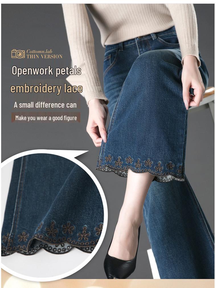 Herbst 2025 Damen High Waist Floral Bestickte Weitbein Cropped Jeans