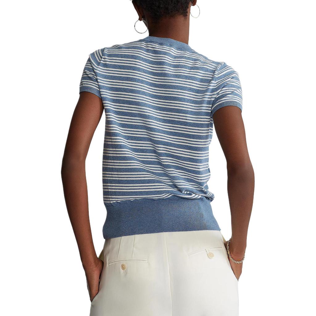 Polo Ralph Lauren Gestreiftes Strick T-Shirt mit Rundhalsausschnitt und kurzen Ärmeln Damen Oberteile Blau 211801541-001