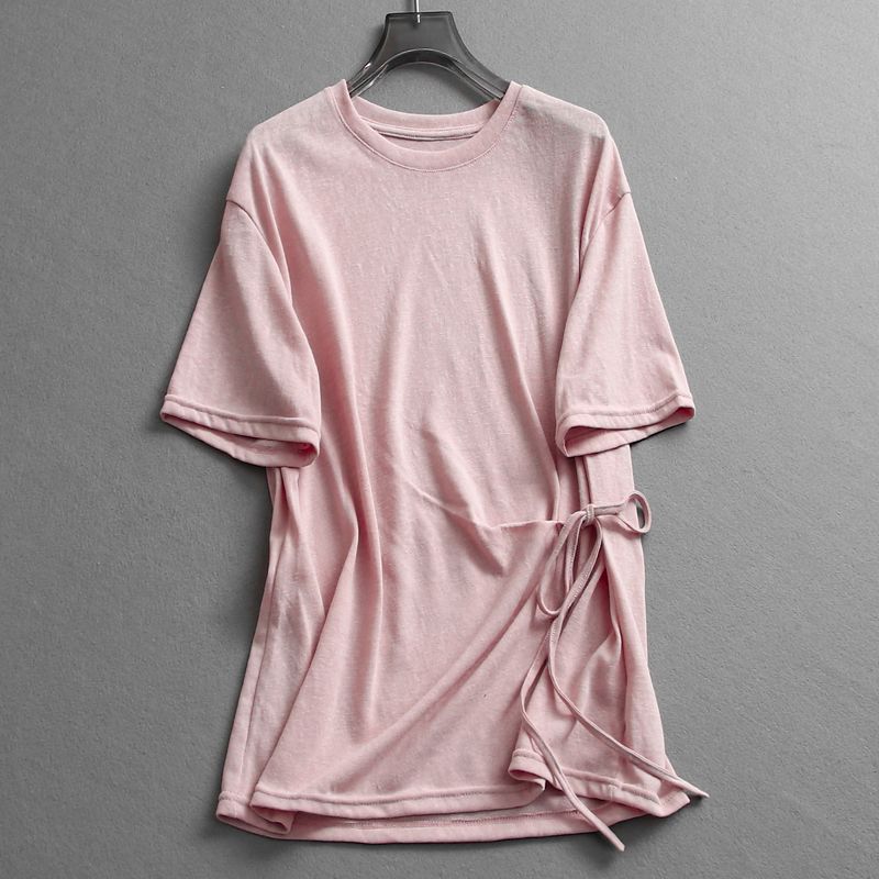 

Pure Color Loose Tied Pleated Figure Flattering round-Neck Short Sleeve Tops 2025 Summer New Arrival Easiest for Match Casual T-shirt Female L585 Pink M