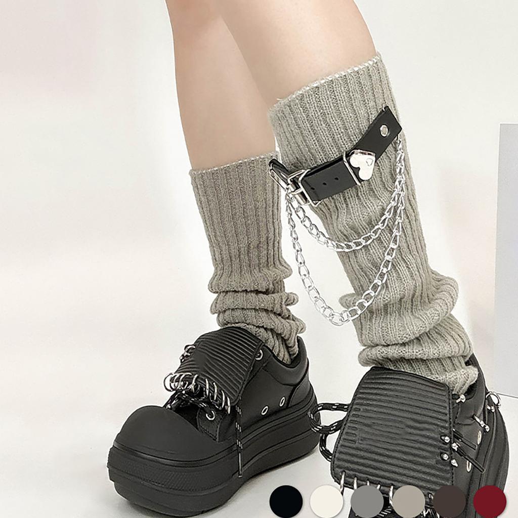Gothic Punk Leg Warmers Boot Toppers with Heart Chain Leather Belt Ribbed Knit Leg Covers Footless Socks for Women Girls