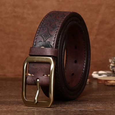 Belt Men's Copper Pin Buckle Thickened First Layer Cowhide Men's Genuine Leather Retro Engraved Export Belt Locomotive Men's Models