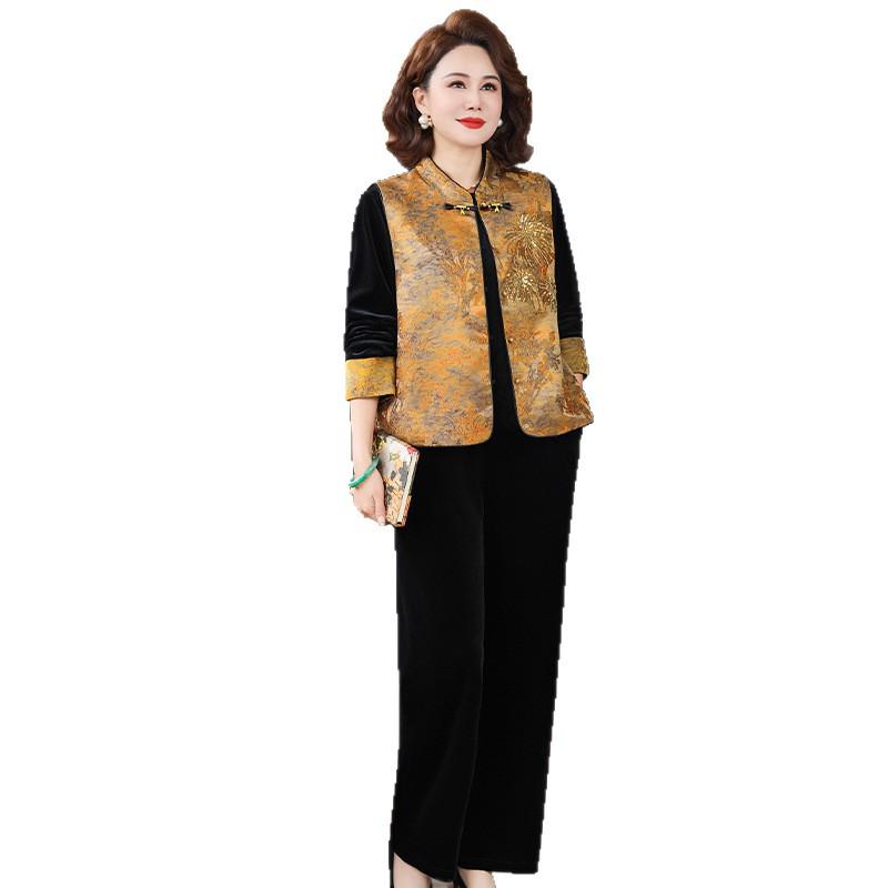 Elegantes dreiteiliges Set mit goldenem Samt-Weste für Frauen mittleren Alters & ältere Frauen - Stilvoller chinesischer Anzug für Frühling/Herbst