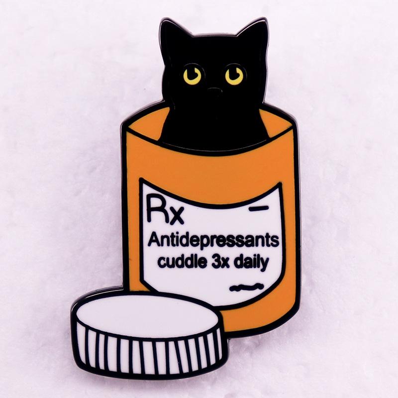 Black Cat Pill Bottle Brooch - Humorous Nurse Gift Badge чёрный