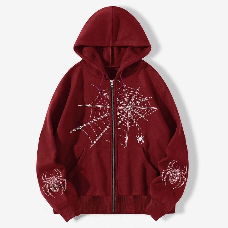 Mens Oversized Hooded Zip-Up Sweatshirt With Spider Print Retro American Style Loose Fit Winter Outerwear