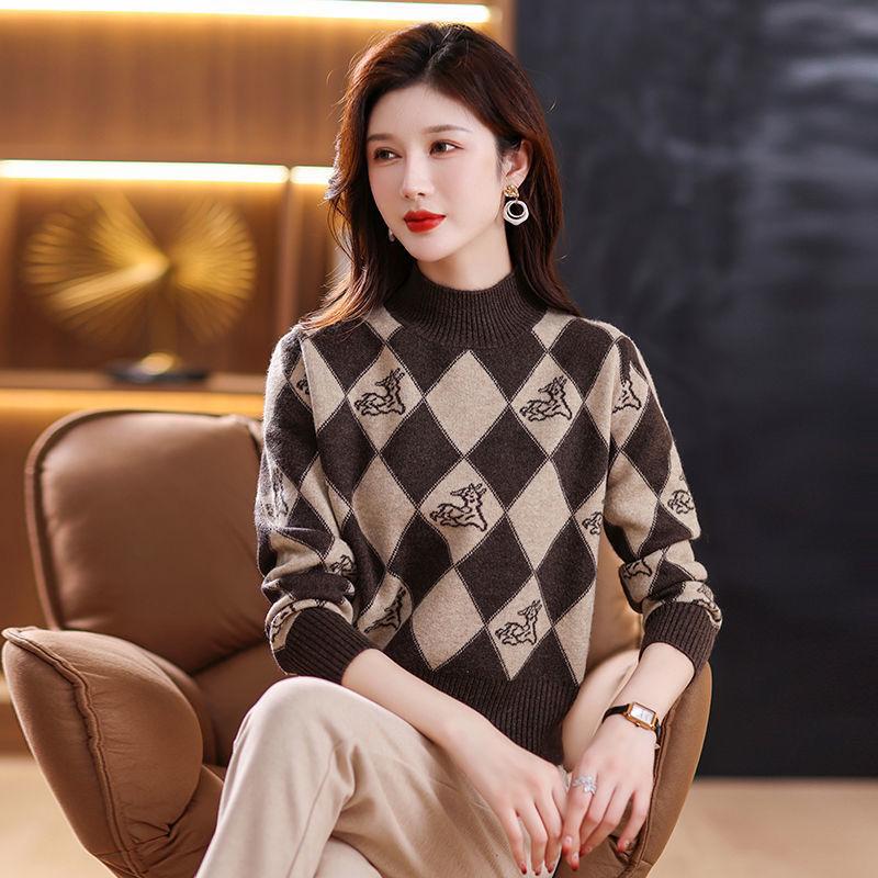 Fall/Winter Vintage Jacquard Sweater Women High Neck Knit Sweater Short Thick Loose Print Knitwear Top Jumper